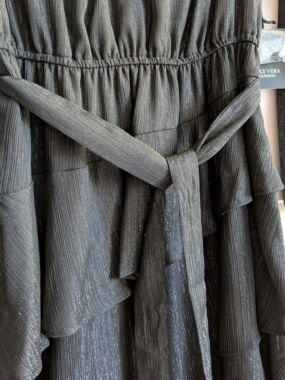Vera Wang Black Metallic Tiered Long-Sleeve Dress